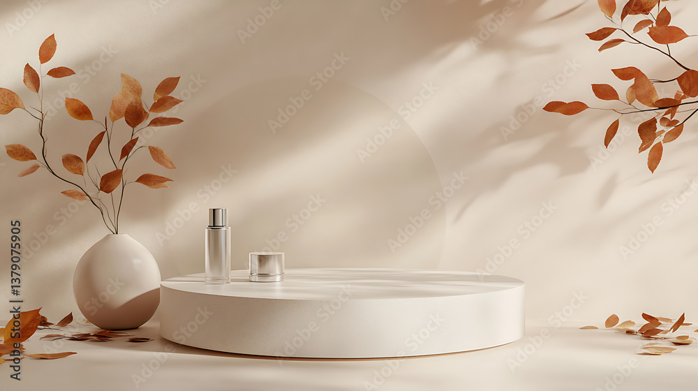Poster 3d render of beige minimal product display podium with autumn leaves, minimalist pedestal stand for 