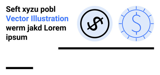 Two circular currency icons, bold dollar sign, abstract text placement. Ideal for finance, banking, business, investment, digital payment, accounting simple landing page
