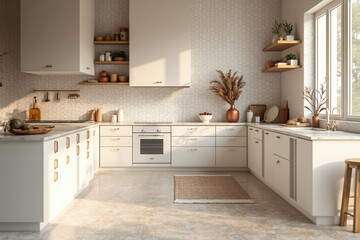 Fototapeta premium bright and airy minimalist kitchen with white cabinets and geometric tile backsplash