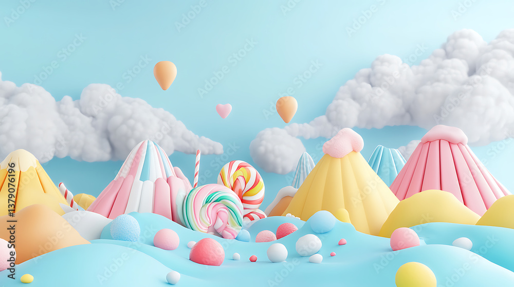 Poster 3d render of fantasy colorful candyland background with sweets, clouds, mountains elements