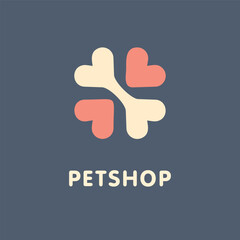Fototapeta premium Minimalist logo design for pet shop made from bone shape and hearts. Simple vector symbol with creative idea.