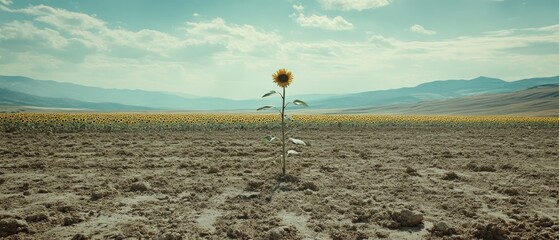 A lone sunflower defies a barren landscape, standing tall under a vast sky, embodying resilience, hope, and the beauty of perseverance.