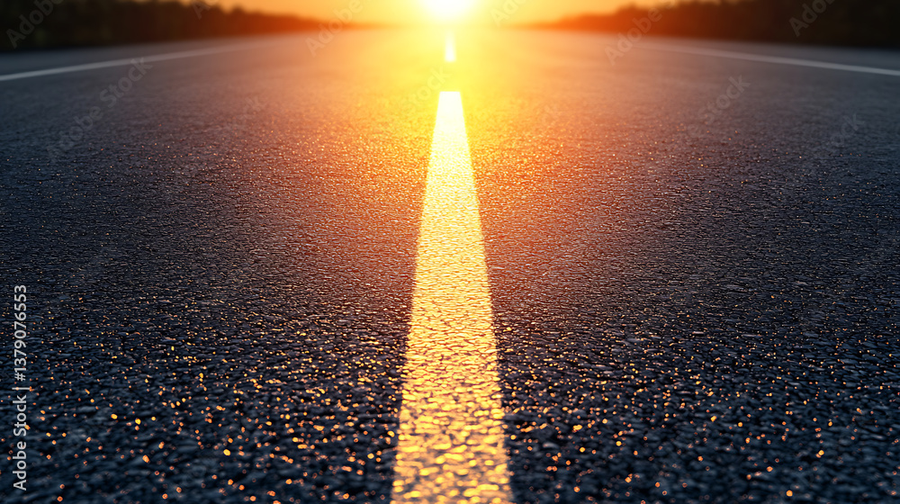 Leinwandbilder 3d rendering of empty road towards rising sun, light reflection on asphalt surface, for automobile a