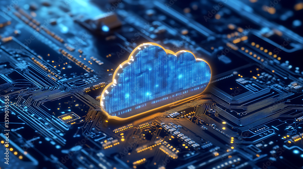 Poster Cloud computing concept with circuit board and cpu on blue background