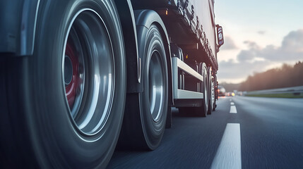 Closeup wheels in motion from an articulated lorry, traveling along a uk motorway