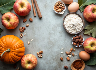 Fototapeta premium autumn baking ingredients: apples pumpkin nuts and spices arranged on a gray surface
