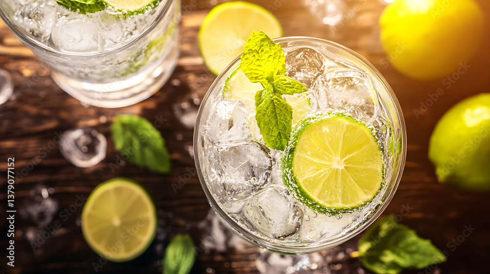 Poster overhead shot of a refreshing gin and tonic drink with sunlight and shadows