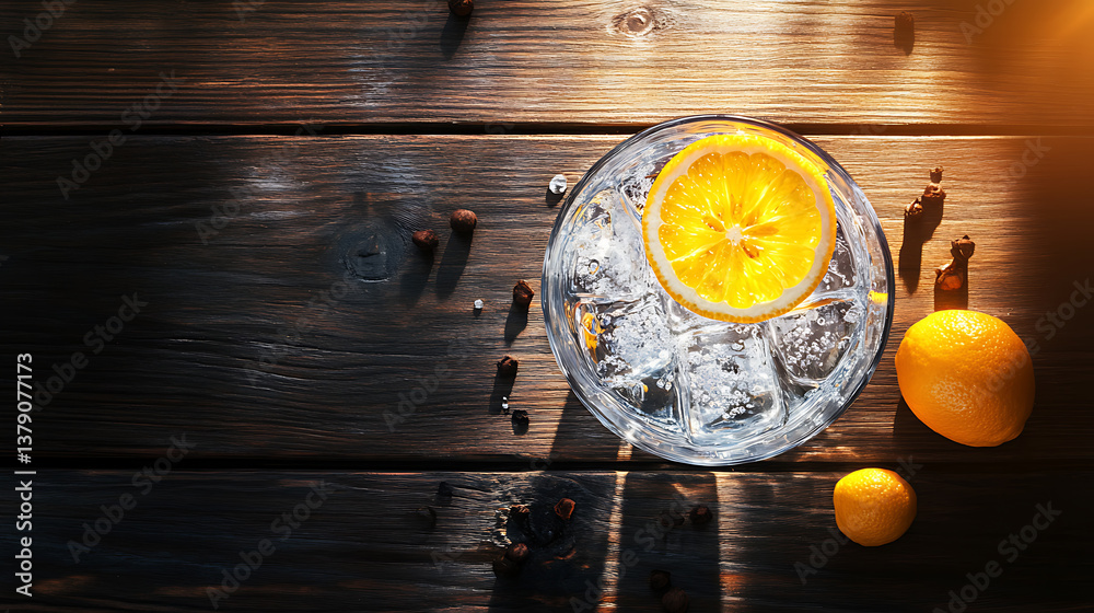 Poster overhead shot of a refreshing gin and tonic drink with sunlight and shadows