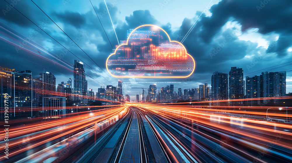 Aufkleber Cloud computing with a speeding train on a city background