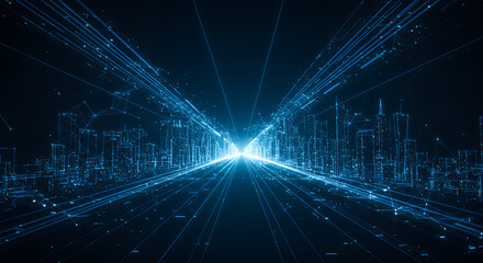 Digital Cityscape: Futuristic Skyline, Data Streams, and Tech Innovation - A Neon Blue Abstract Design for Technology & Network Solutions