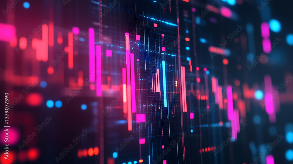 Poster Innovative data visualization on a monitor screen complexity graphs analytical diagrams in technology background bright neon dark