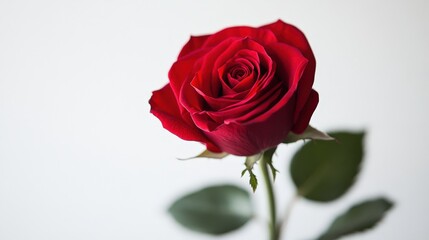 Striking close-up of a vibrant red rose. Deep petals contrast beautifully against a clean white background, highlighting its delicate form