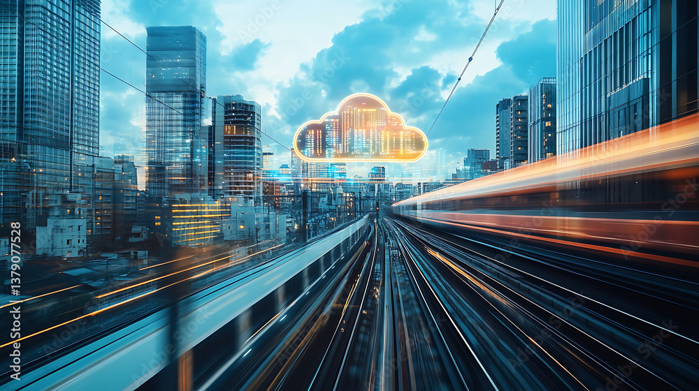 Poster Cloud computing with a speeding train on a city background