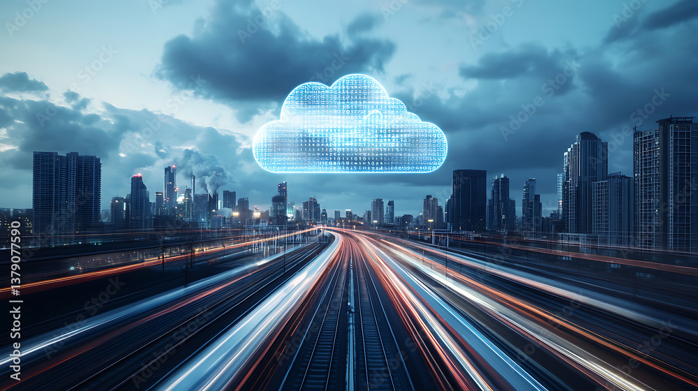 Poster Cloud computing with a speeding train on a city background