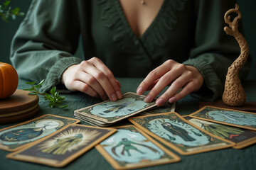 person in green dress performing a tarot card reading