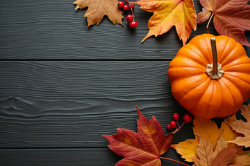 Obraz premium vibrant pumpkin with autumn leaves and berries on dark wood