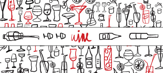 Isolated vector set of wine and alcoholic beverage glasses and tumblers. Hand drawn sketch.Red and black drawing on white background.Cocktails, martini, whiskey, cognac, vodka, gin tonic, beer, brandy