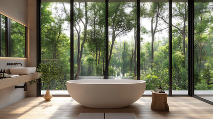 Fototapeta premium Interior design of modern bathroom in farmhouse with forest view
