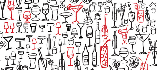 Isolated vector set of wine and alcoholic beverage glasses and tumblers. Hand drawn sketch.Red and black drawing on white background.Cocktails, martini, whiskey, cognac, vodka, gin tonic, beer, brandy