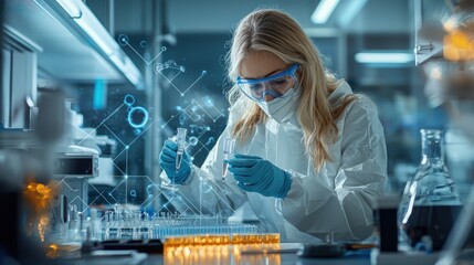 Scientist in a lab.  Focused on experiment