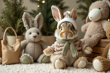 Fototapeta premium adorable brown bunny in knitted sweater and scarf