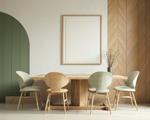 four wooden chairs surrounding a rustic wooden table in a minimalist dining setting