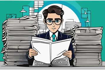 A journalist working on newspaper with stack of newspapers in the back