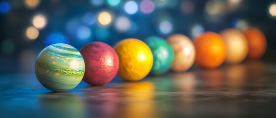 Naklejka premium A vibrant arrangement of uniquely colored planets, styled in a linear progression, depicting an artistic representation of the solar system.