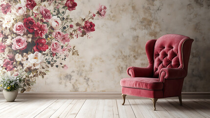 Interior room with luxury floral wallpaper