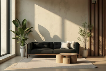 modern living room with dark gray sofa and wooden coffee tables
