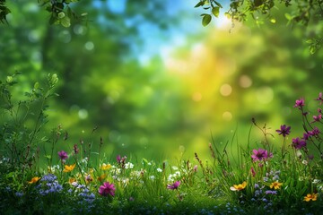 Obraz premium Vibrant Wildflowers Bloom in a Sunlit Forest Clearing Surrounded by Lush Greenery