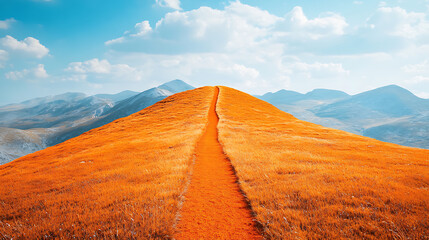 Panoramic view of bright orange path leading to mountain top, destination and goals concept