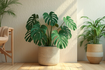 large monstera deliciosa plant in woven pot bright interior setting