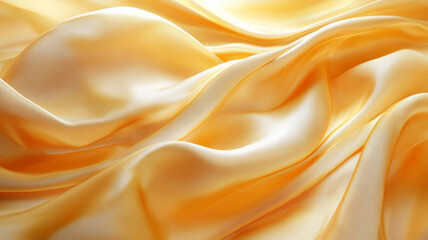 Fototapeta premium Soft silk fabric smooth texture flowing drapery warm yellow color elegant appearance luxurious material gentle waves textile background fashion design high quality fabric