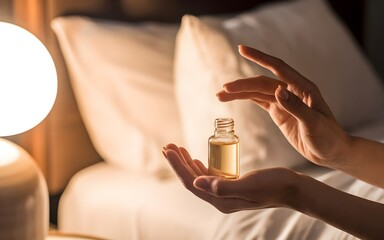 Aromatic relaxation. Woman's hands holding a bottle of relaxing essential oil in a warm, cozy bedroom setting. Self-care and wellbeing at bedtime.