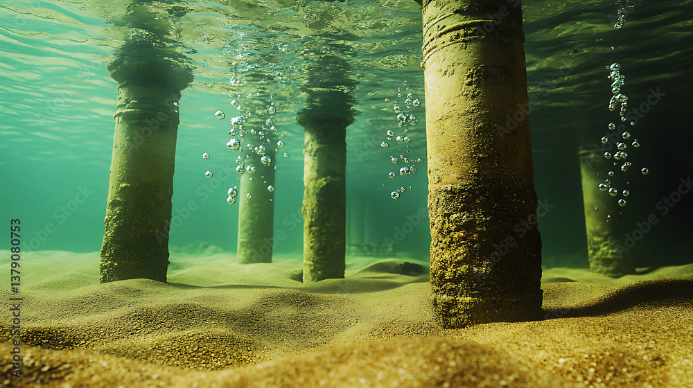 Poster parts of ancient architecture stand under water, 3d rendering