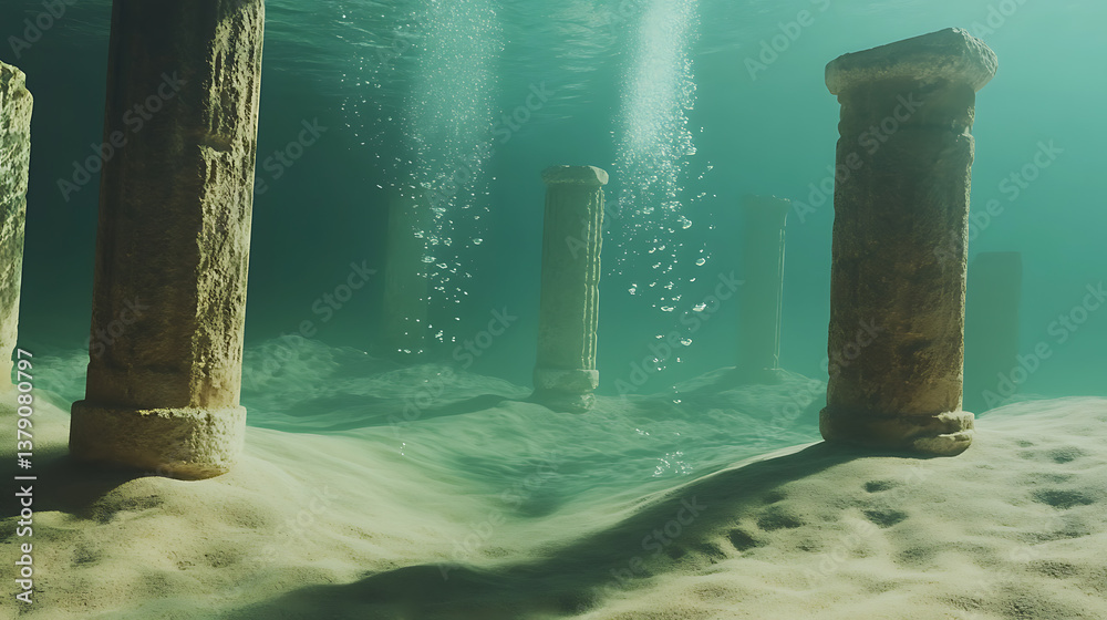 Poster parts of ancient architecture stand under water, 3d rendering