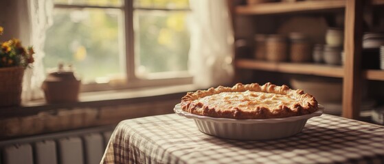 An inviting pie cools on a checkered table in a sunlit kitchen, framed by a window offering a glimpse of a tranquil garden.