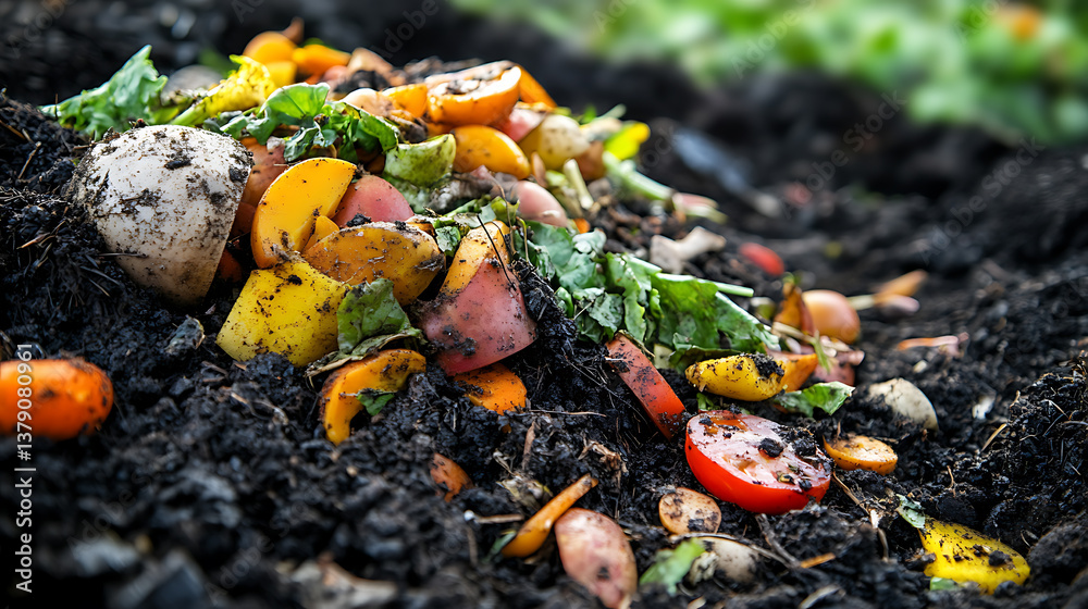 Poster Compost and composted soil in the form of a compost heap from rotting kitchen scraps with fruit and vegetable scraps processed into organic soil for fertilizer as a composite