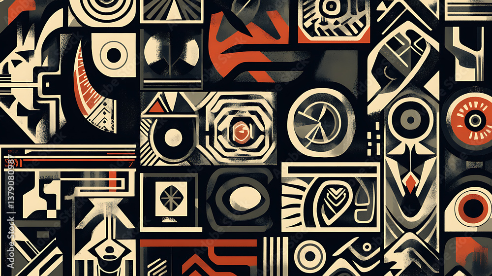 Aufkleber pattern of tribal designs, showcasing an array of intricate geometric shapes in various sizes and fo