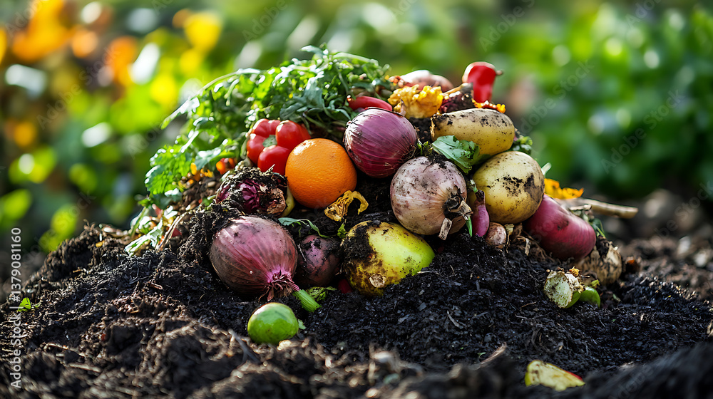 Poster Compost and composted soil in the form of a compost heap from rotting kitchen scraps with fruit and vegetable scraps processed into organic soil for fertilizer as a composite