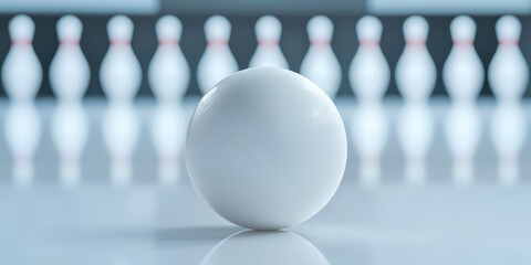 Naklejka premium Bowling ball crashes into pins, motion, strike. Ball hitting skittles on alley floor. Background wallpaper for bowling club.