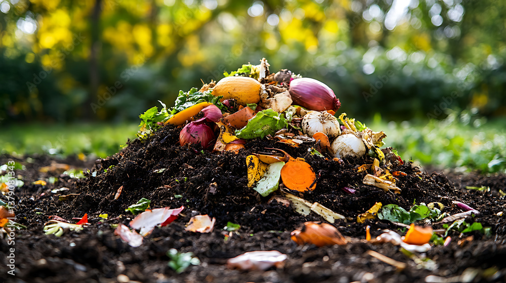 Poster Compost and composted soil in the form of a compost heap from rotting kitchen scraps with fruit and vegetable scraps processed into organic soil for fertilizer as a composite