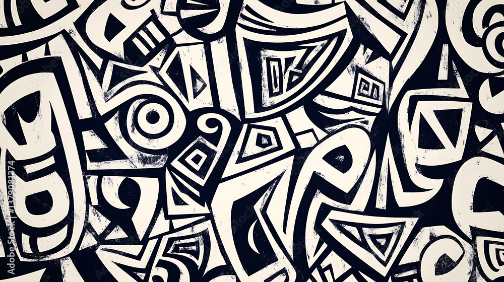 Poster pattern with digital ink drawings design incorporates black and white, creating an abstract tribal p