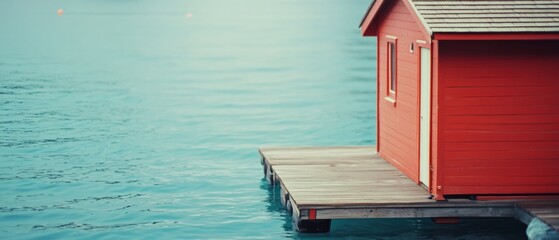 A solitary red boathouse stands on a quiet dock, surrounded by the serene, expansive blue of a tranquil lake, evoking a sense of peaceful solitude.