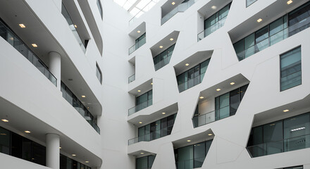 Modern White Architecture: Interior Courtyard with Geometric Balconies & Natural Light - Striking Building Design