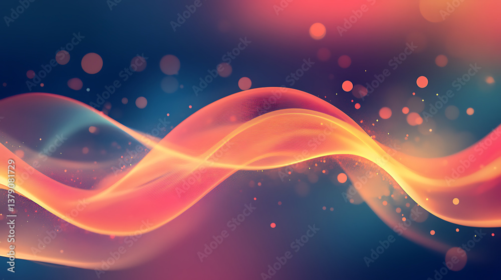 Poster abstract digital art of glowing, undulating waves with orange bokeh effects on a blue and red gradie