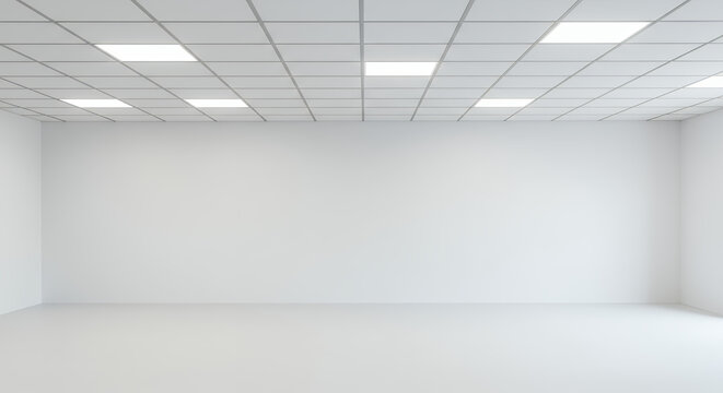 White Room Wonder: Bright Empty Space with Grid Ceiling, Perfect for Mockups, Backgrounds & Minimalist Design!