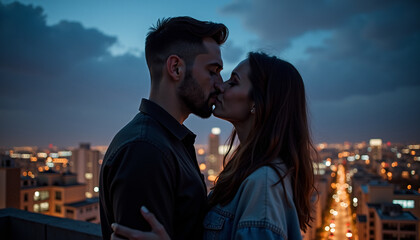 Romantic couple kissing on rooftop at dusk with city lights