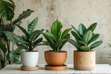 Obraz premium three potted plants with vibrant green leaves in various pots